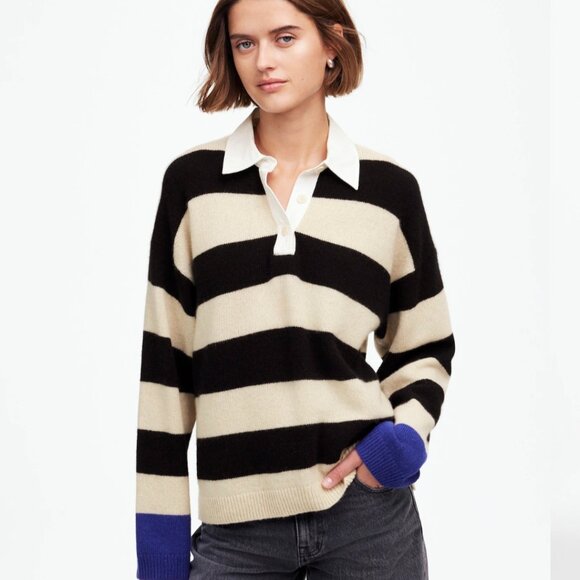 Madewell Cashmere Wool Blend Ivory Black Striped Rugby Sweater XL Oversized Luxe - Picture 2 of 11